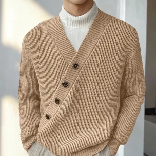 INCERUN Mens Textured Asymmetrical V-Neck Long-Sleeve Sweater Comfortable Solid Color Casual Fall Winter Top S-5XL