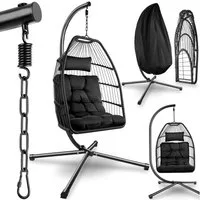 tectake Hängesessel Hängeschaukel mit extra dickem Sitz- und Kopfkissen, 98 x 107 x 202 (Hängestuhl Ariane, in Schwarz), bodenschonend und faltbar, Belastbarkeit 160 kg, inklusive Schutzhülle