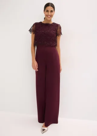bonprix Jumpsuit aus softem Scuba mit Spitze, rot, Gr.34, Kurzärmliger Jumpsuit mit Spitze und weitem Bein