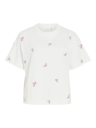 VILA - VIMONIE FLOWER EMB S/S O-NECK/RN/1 Snow White - Gr. - M