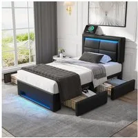Flieks Polsterbett, LED Einzelbett 90x200cm mit USB-Anschluss und 4 Schubladen