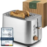 Waldwerk Toaster - 304 Edelstahl und Eichenholz - extra breite und tiefe Toastkammern, - mit Brötchenaufsatz - mit Krümelschublade