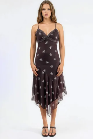 V-Ausschnitt Bedrucktes Bodycon Maxikleid mit Spitze