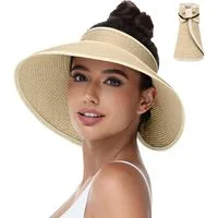 Zaewry Sonnenhut Sonnenhüte mit breiter Krempe, Sonnenhut für Damen,Faltbar rollbar für Outdoor-Abenteuer, Wandern,Pferdeschwanz-Öffnung,Strandhut