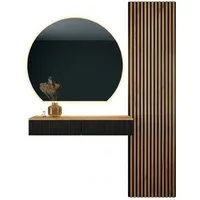 Planetmöbel Garderoben-Set AMYRA Flur Garderobe Spiegel mit Beleuchtung & Akustikpaneele, (LED Spiegel AUBE 100 x 90 cm, Touch-Funktion, Dimmbar, Konsolentisch 100 cm mit moderner Front schwarz), Akustikpaneele 2 x 120cm mit MDF-Latten & 5mm Filzplat