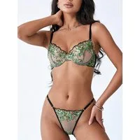 Elegant Love Set: Bügel-BH Dessous-Set aus Stickereispitze, Mesh BH mit Passendem Tanga (Set, 2-tlg., mit String) Lingerie-Set, Sinnliche Damenunterwäsche - Reizwäsche