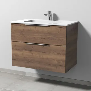 Sanipa 3way Keramik-Set Design Keramik-Waschtisch und Unterbau mit 2 Auszügen, Eiche-Tabak UM48050