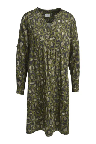 Milano Italy - volant dress w/ V-neck & plastron 1/1 sleeve khaki print - Gr. - 36