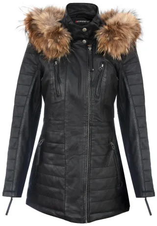 Damen-Parkajacke aus Leder in schmaler Passform mit Kapuze – Northam