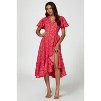 FS Collection Wickelkleid Damen Midi-Wickelkleid V-Ausschnitt mit Blumenmuster und Gürtel Wickeloptik mit Blumenmuster, Gürtel und Rüschensaum