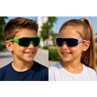 Vaccari-design Sonnenbrille Kinder Radbrille 7 bis 13 Jahre Jungen Mädchen Sportbrille UV400 Markenbrille Grün oder Lila mit Brillenbeutel