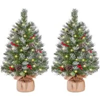 Yaheetech Künstlicher Weihnachtsbaum 61/92 cm (H), 2er-Set Tannenbaum mit Roten Beeren & LED-Lichtern & Tannenzapfen