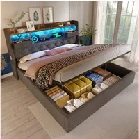 Flieks Polsterbett, Hydraulisches Stauraumbett 180x200cm mit LED-Beleuchtung und Aufladen