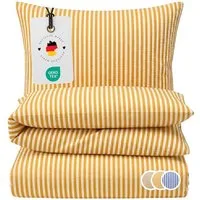 Carpe Sonno Bettwäsche Seersucker 135 x 200 155 x 220 Streifen Bügelfrei Sommer Baumwolle, Seersucker, 2 teilig, Bettbezug kühlend mit Reißverschluss & OEKO-TEX Gelb Weiß 135x200