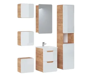 Badmöbel Set 6-tlg Badezimmerset FERMO Weiss HGL inkl. Waschtisch 40cm