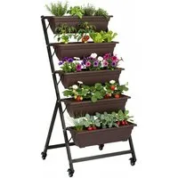 KAHOO Pflanzentreppe Hochbeet, Pflanzbeet aus Metall mit 5 Etagen, Blumentreppe, Pflanztreppe mit Rollen 65x65x135cm für Balkon, Terrasse und Garten