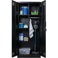 PROREGAL® Mehrzweckschrank Abschließbarer Flügeltürenschrank Stahlschrank RHINO Putzmittel- & Besenschrank Haushaltsschrank 5 Fächer & Kleiderstange