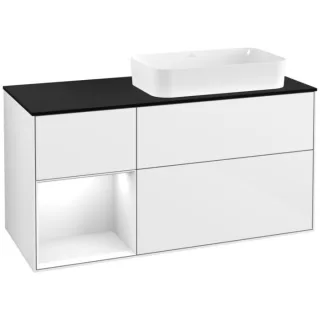 Villeroy und Boch Finion Waschtischunterschrank F272GFGF 120cm, Abdeckplatte black matt, Regal links Glossy white lacquer, Glossy white lacquer