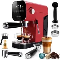 Aigostar Espressomaschine Espressomaschine mit Milchaufschäumer, Kompatibel mit Kapseln und Gemahlenem Kaffee, Edelstahl, 20 Bar, Digitales Touchpanel, 1/2 Tassen, 0,9L, 1350 W, Edelstahl