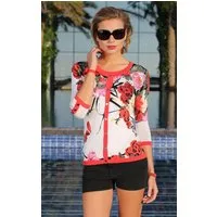 Passioni Cardigan Sommer-Twinset mit rotem und rosa Blumendruck