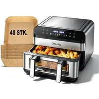 oyajia Heißluftfritteuse Heißluftfritteuse 11L 2 Kammern mit 40 Backpapier – 2800W Airfryer, 8-in-1 Air Fryer mit Sichtfenster und Innenlicht, Einzel oder Doppelkammer, Groß für 4–7 Personen, 2800,00 W, Backofen, Dörrautomat, Grill, Warmhalten&Auftau