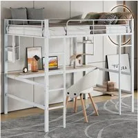 MODFU Hochbett Metallbett mit Geländer (Jugendbett, Stockbett, mit Schreibtisch & Regal, 90x200cm) ohne Matratze