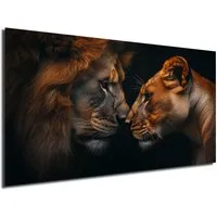 DARO Design Leinwandbild Modern Abstrakt Wandbilder XXL Wandbild Wand Deko Leinwand Bilder, (Löwenpaar Spiegelung - Bild groß Wohnzimmer Schlafzimmer Küche Esszimmer Einteilig Querformat Fotodruck Leinwände Wanddeko Abstrakte Kunst Boho), 86x54cm