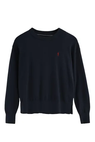 Pullover marineblau mit Rundhalskragen aus Wollgemisch mit gesticktem Rigby Go-Logo