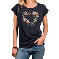 MAKAYA T-Shirt Blumenshirt für Damen – Herz-Motiv & Flower Design (Weiß, Rosa, Hellgrau, Dunkelgrau, Blau, Schwarz, 34, 36, 38, 40, 42, 44, 46, 48, 50) Baumwolle