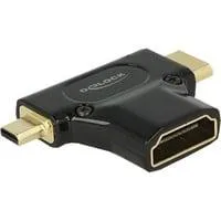 HDMI-A Buchse > HDMI-Mini C + HDMI-Micro D Stecker, Adapter schwarz, High Speed HDMI mit Ethernet