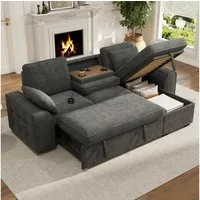 Merax Ecksofa mit verstellbaren Rückenlehnen, Schlafsofa mit Schlaffunktion,Chenille, 1 Teile, 3-Sitzer-Sofa mit USB-Ladeanschluss, Getränkehaltern & Stauraum