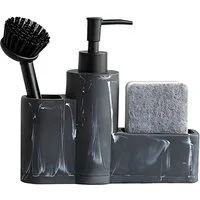 HEYHIPPO Seifenspender Küchenseifenspender,Badezimmer-Accessoire-Set, Spülbürsten-Set schwarz, (3-in-1 Spülbecken-Reinigungsset mit Bürste 20×19,5cm), Marmorstruktur Spülmittelspender,Küchenspülen-Organizer,Schwammhalter