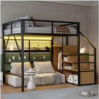Merax Hochbett (Kinderbett Jugendbett Eisenbett, 1-St., App-gesteuerte LED-Leuchten) Metallbett 140x200cm mit LED Stauraumtreppe Kleiderschrank Gitter