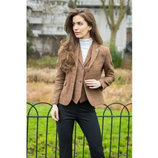 Oak Brown 2-teiliges Set aus Tweed-Blazer und Weste für Damen im Fischgrätenmuster