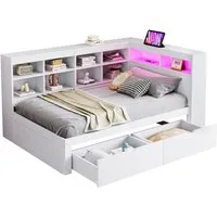 Odikalo Massivholzbett Holzbett Schlafsofa 90x200 USB LED Regal Stauraum Ablagefach Weiß/Grau