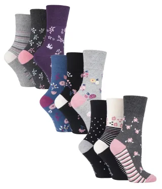 9 Paar Multipack Ladies Cotton Crew Non Elastic Socks | Gentle Grip | Womens Soft Top Striped Patterned Non Binding Socks - Floral 3