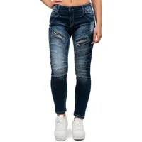 Cipo & Baxx Slim-fit-Jeans Damen Slim Fit Biker Hose Stonewashed BA-WD501 Camouflage Muster mit Aufgesetzten Reißverschlüssen