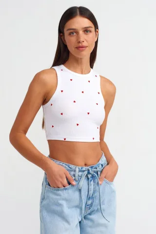 Damen Rippstrick Herzbesticktes Crop-Top