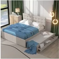 Odikalo Stauraumbett Polsterbett, Doppelbett, 3 Schubladen, Kopfteil, Beige/Grau, 140x200