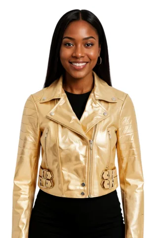 Goldene, kurze Brando-Bikerjacke aus Leder für Damen – Bellville