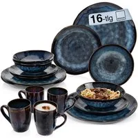 SÄNGER Tafelservice Tokio Geschirrset (16-tlg), 4 Personen, Steingut, Blau Schwarz, Handmade, Premium Collection