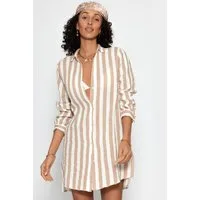 SASSYCLASSY Strandkleid Gestreiftes Strandkleid für Damen Weiches Hemdblusenkleid aus Musselin mit langen Ärmeln Blau Taupe