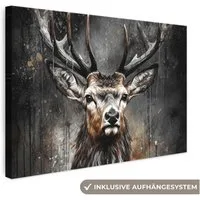 OneMillionCanvasses® Leinwandbild Hirsch - Schwarz - Tier - Hirschkopf, Fotodruck (1 St), Leinwand Bilder Klein, Wand Dekoration Aesthetic 30x20 cm