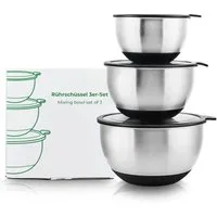 Wundermix Rührschüssel Edelstahl Rührschüssel 3er-Set mit Deckel, 1,5 L + 3 L + 5 L / Perfekt stapelbar