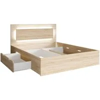 Lomadox Bettgestell FAIDO-166, Bett 140x200cm, 2 Bettschubladen, Eiche, Kopfteil mit LED-Beleuchtung