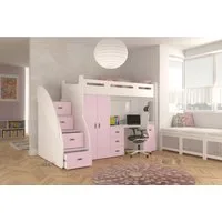 thematys Etagenbett 80x200cm mit Treppe, Schrank und Schreibtisch Hochglanz (für Jungen und Mädchen, Jugendbett, Kleiderschrank, Kinderzimmer, 3 in 1, 180cm x 130cm x 259cm)