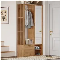 Merax Garderoben-Set 6-in-1 Garderobenschrank in Holzoptik Eingangsbereich-Schrank, (platzsparender Eingangsbereich-Schrank aus Spanplatte, 1-St., 100x33x190 cm), Flurschrank mit Spiegel, Kleiderstange, 9 Stauraumfächern & Klapptür