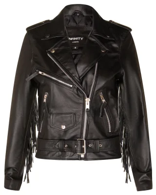 Schwarze Damen-Bikerjacke mit Fransen und Quasten – Sevilla