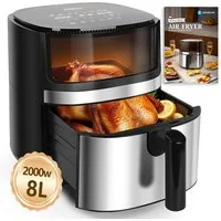 Aigostar Heißluftfritteuse Dual Blaze™ Heißluftfritteuse XXL, 8L Air Fryer 2000W mit Sichtfenster, 10 Programme, 3 Kochfunktionen, 2000 W, Sichtfenster, Digitalem Led Touchscreen, Spülmaschinenfeste Körbe