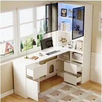 MODFU Hochschrank Eckschreibtisch mit LED-Vitrine (Ecktisch, Highboard, 1-St., 3 Schubladen, 4 Türen, offenen Fächern, Haustierfach) mit Kabeldurchlass, eingebautem Bücherregal